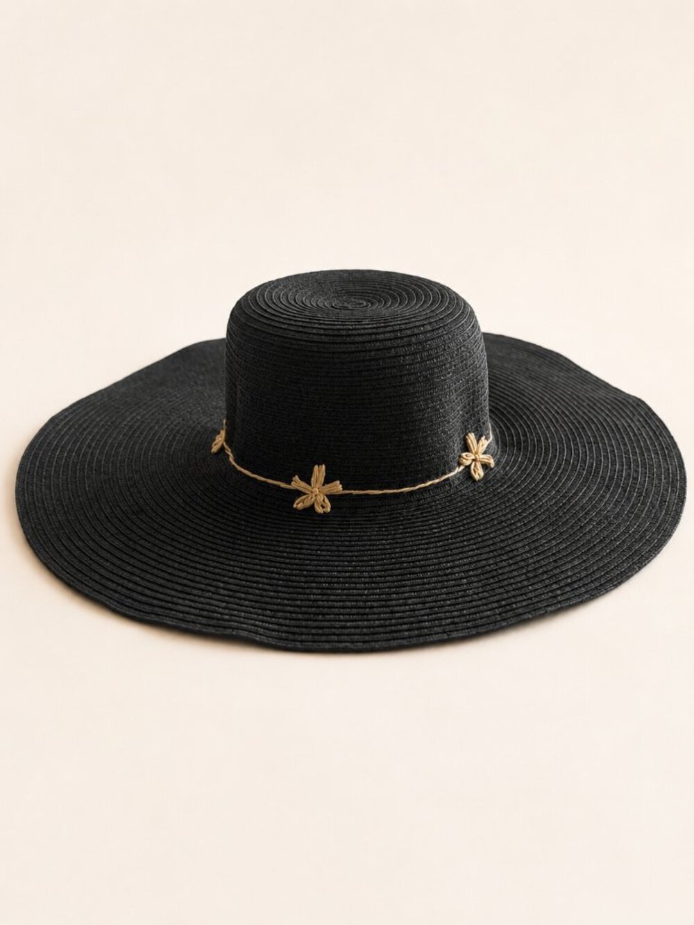 Black Wide Brim Floppy Sun Hat w/ Floral Accent Band | One Size